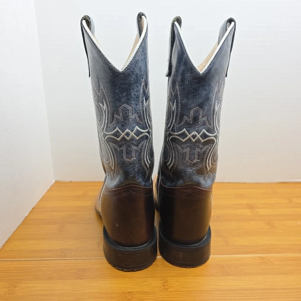 Old West Youth Unisex Broad Square Brown Blue Leather Cowboy Boots 1914 5D